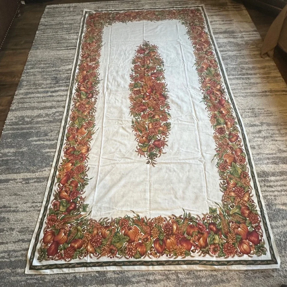 Vintage Harvest Thanksgiving Tablecloth Pumpkin Floral Corn 102x56 Rectangular